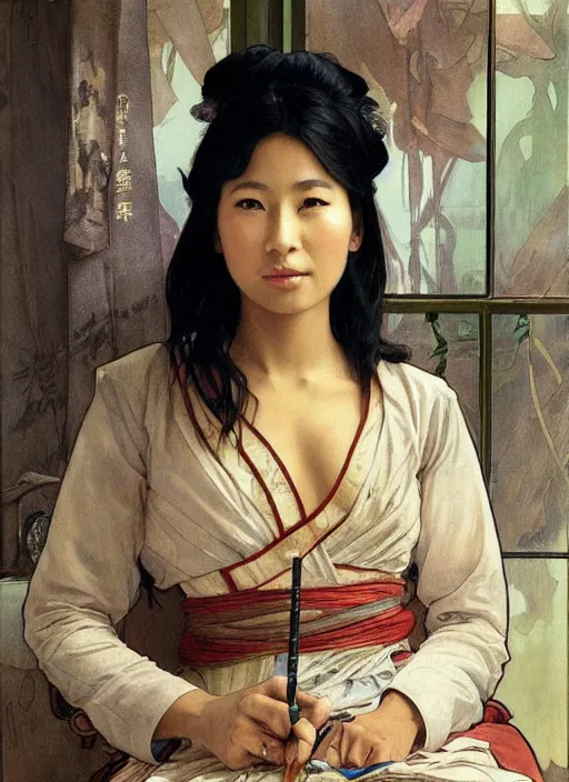 Prompt: a painting of a beautiful 35 year old Asian woman with tanned skin and traditional dress with very long sleeves. She is holding a pen and looking at the viewer and her expression is stern and piecing. by Artgerm and Greg Rutkowski and Alphonse Mucha, dramatic studio lighting