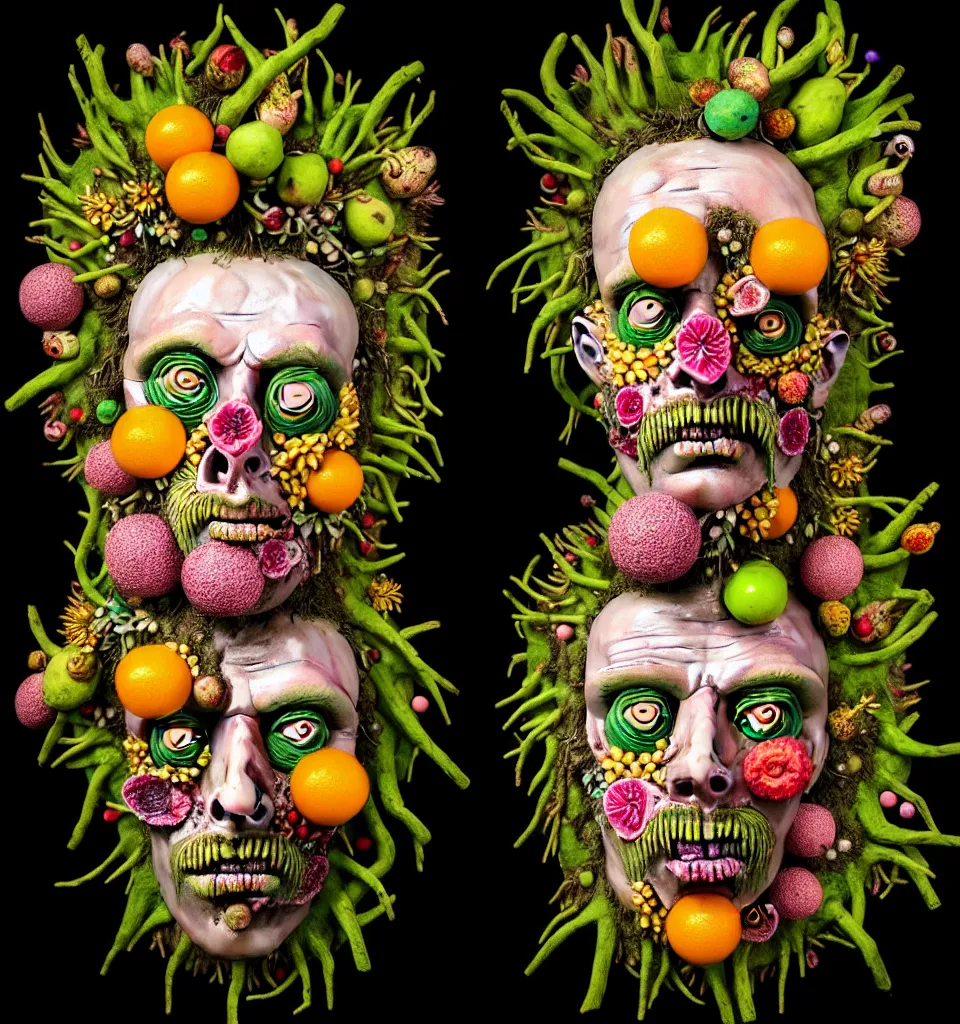 Prompt: headshot portrait of a trickster nature zombie, head made of fruit and flowers in the style of arcimboldo, fragonard, covered with tendrils roots and snail shells, oil painting, ethereal, atmospheric lighting, action figure, clay sculpture, claymation, turquoise pink and green, botanical rainbow backdrop