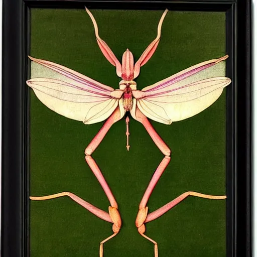 Image similar to potrait of an orchid mantis by William Morris, horizontal symmetry, exquisite fine details, Art Nouveau botanicals, deep rich moody colors