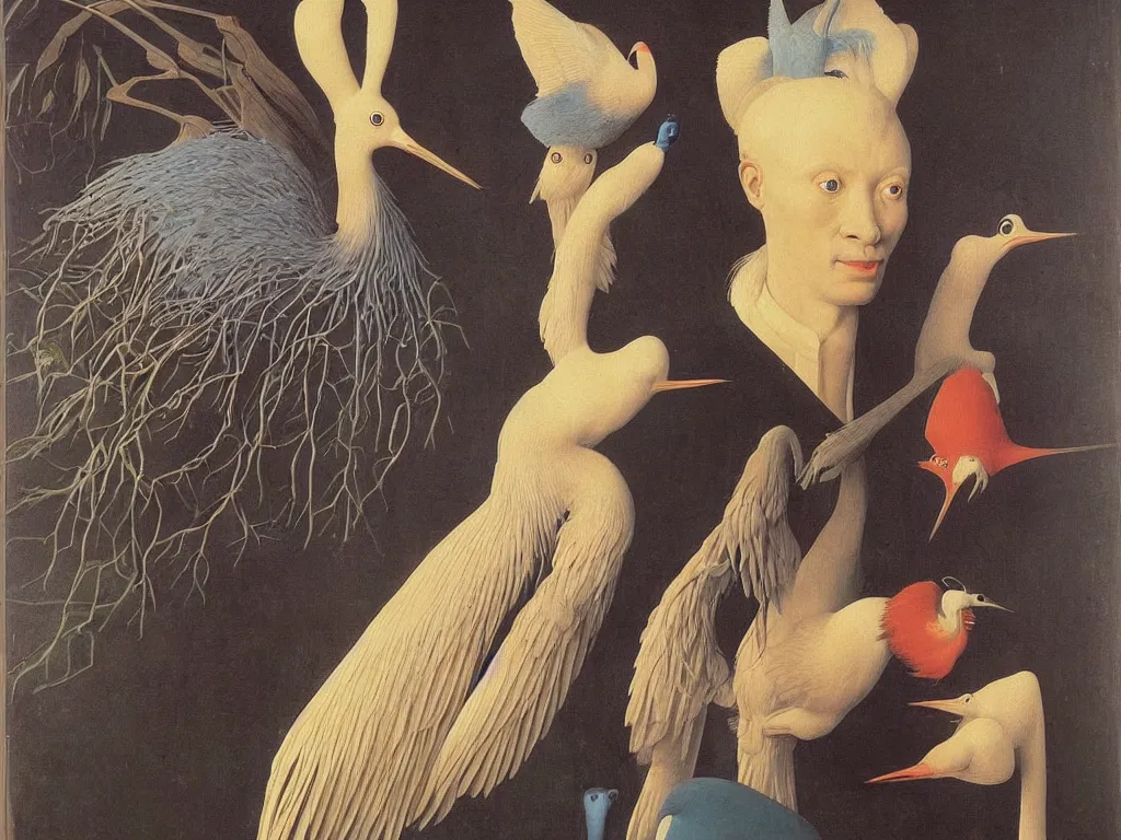 Image similar to Portrait of albino mystic with blue eyes, with exotic beautiful crane. Painting by Jan van Eyck, Audubon, Rene Magritte, Agnes Pelton, Max Ernst, Walton Ford