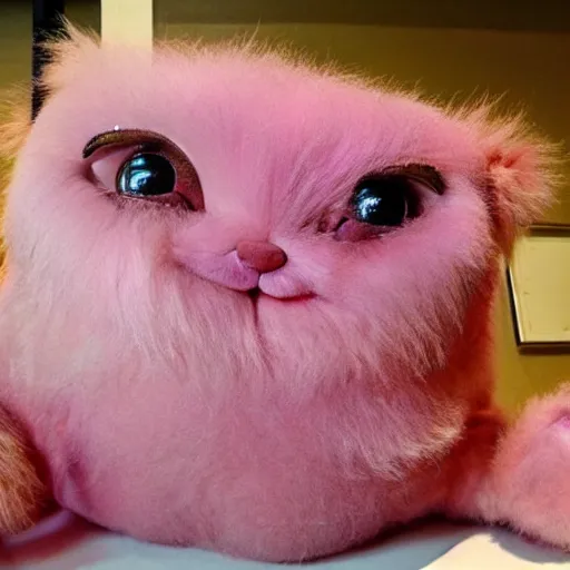 Image similar to photo of an obese giant hairless furby that has been completely shaved and had pinkish skin