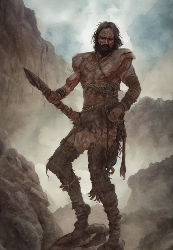 Image similar to a solitary randy savage with an anchor slung over his shoulder alone in a rocky desolate wasteland | portrair | fantasy watercolour painting | middle earth | pathfinder | artstation | conan | darksun | d & d dungeons and dragons | barbarian