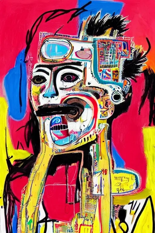 Image similar to cyborg doja cat in the style of jean michel basquiat