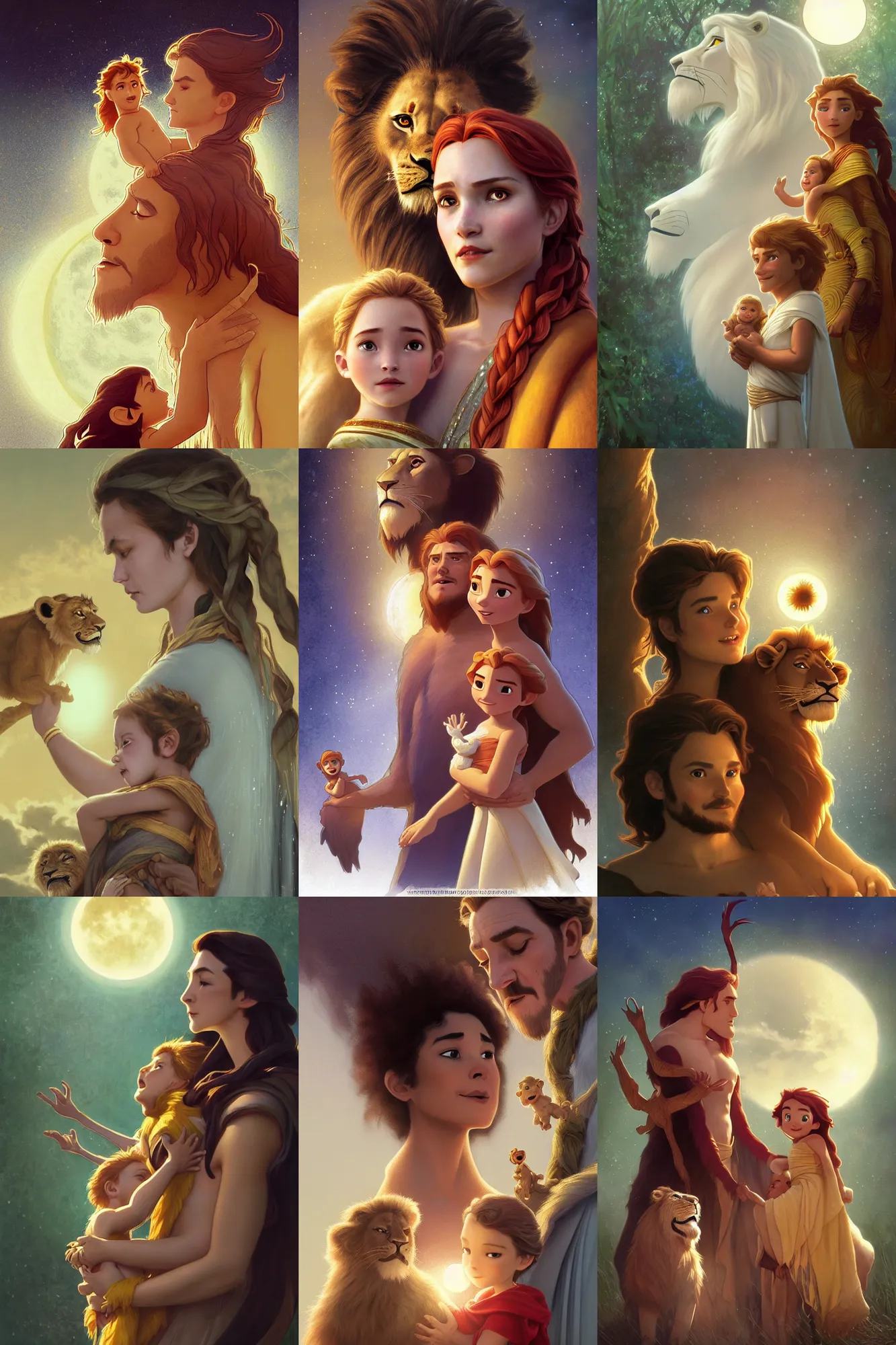 Prompt: a cinematic portrait of a beautiful family photograph close up moment of a young sun god and moon goddess magician family with child, portrait, wearing wide sunhat, Lion King Frozen Klaus film, godrays digital painting, artstation, concept art, illustration, Frozen II art masterpiece by art by Krenz Cushart, Artem Demura, alphonse mucha, yoji shinkawa, ArtGerm, Jon Lothian, Danilo Torres, Adi Meyers, Thomas Reimann, Gaston Bussiere, Disney