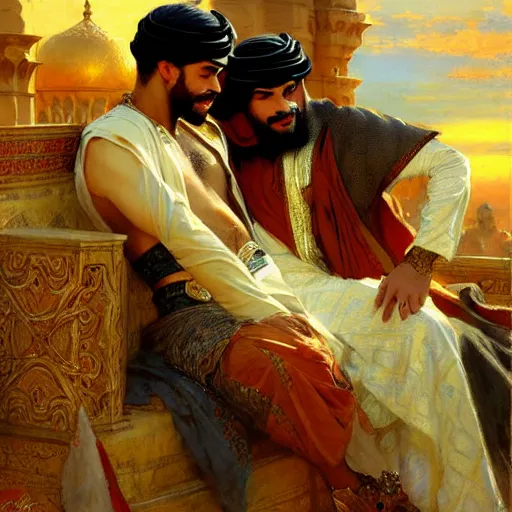 Image similar to attractive arab king in love with his attractive male prince. highly detailed painting by gaston bussiere, craig mullins, j. c. leyendecker