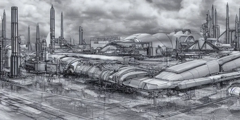 Prompt: 4 k rendered pencil sketch image of a space x starship factory with lots of spaceships and boosters being built by robots, sparks and smoke, wet puddles reflecting