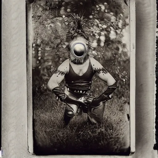 Image similar to tintype photographs of shamans, psychic wrestlers, masked heroes, irradiated humans, and monster hunters