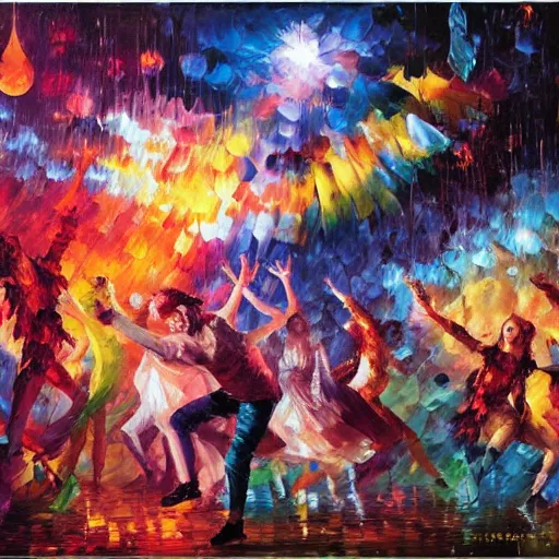 Prompt: rave dance party by paul lehr, arthur adams, charlie bowater, leonid afremov, chiho ashima, karol bak, david bates, tom chambers