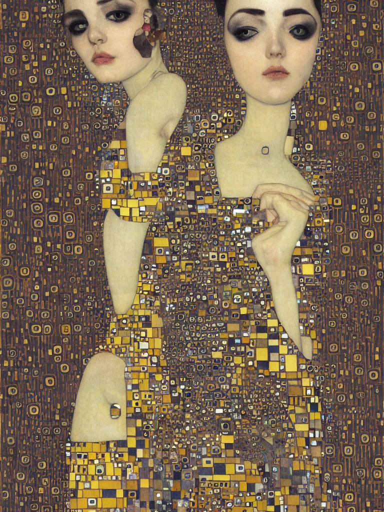 Prompt: isometric symmetrical futuristic female portrait by klimt