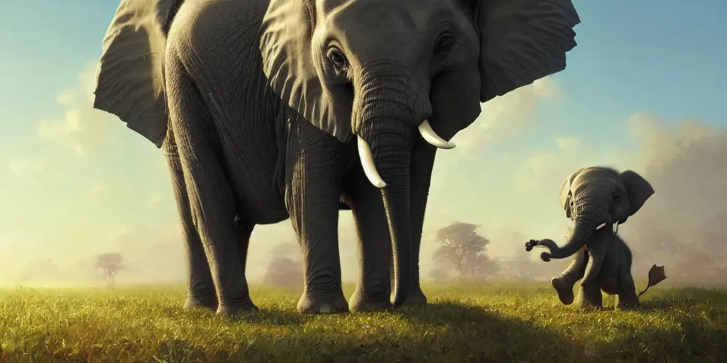 Image similar to a wholesome cute baby elephant, medium shot, waist up, studio ghibli, pixar and disney animation, sharp, anime key art by greg rutkowski, by craig mullins, bloom, dramatic lighting