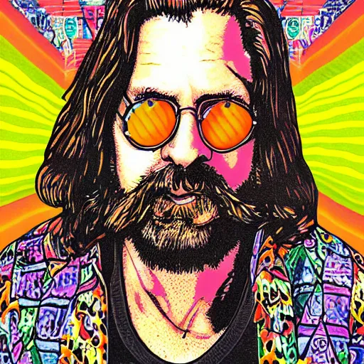 Image similar to The Dude from The Big Lebowski LSD sheet blotter art