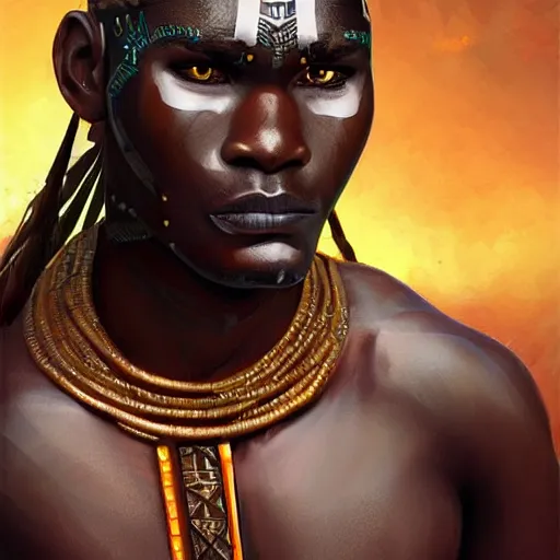 Image similar to Ogun with large iron spears, he has tribal face markings and war paint, bronze-brown skin with african features and strong jaw line prominent brow and menacing look, wearing tribal armor, medium shot digital illustration trending on artstation by artgerm, face by wlop