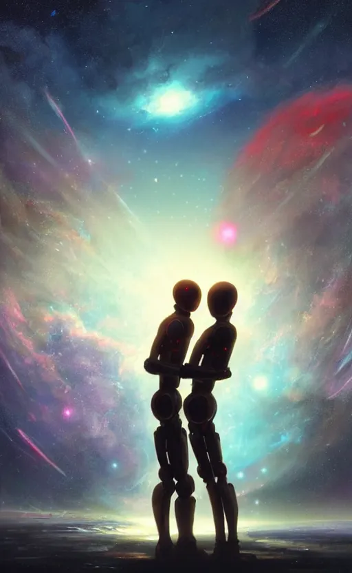 Image similar to digital painting of two humanoid robots hugging each other, supernova in the background, cosmic and stars and planets and galaxy, stunning, surreal, cinematic lighting, concept art by greg rutkowski and simon stalenhag