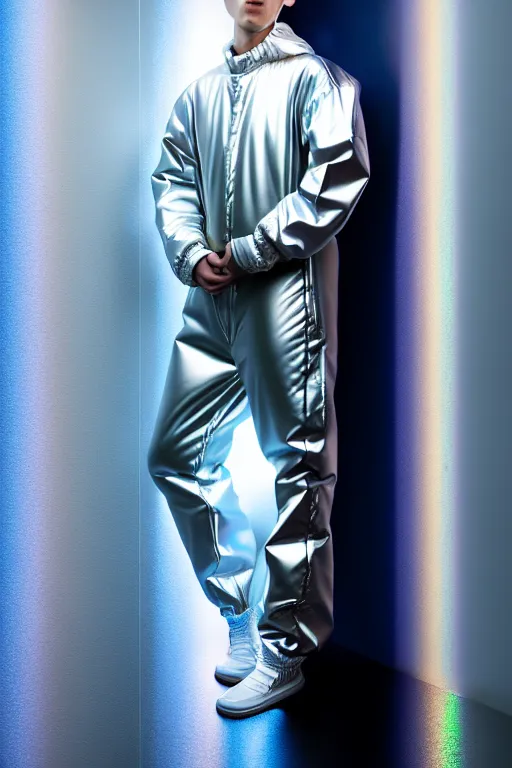 Image similar to un ultra high definition studio quality photographic art portrait of a young man standing on the rooftop of a british apartment building wearing soft baggy inflatable padded silver iridescent pearlescent clothing. three point light. extremely detailed. golden ratio, ray tracing, volumetric light, shallow depth of field. set dressed.