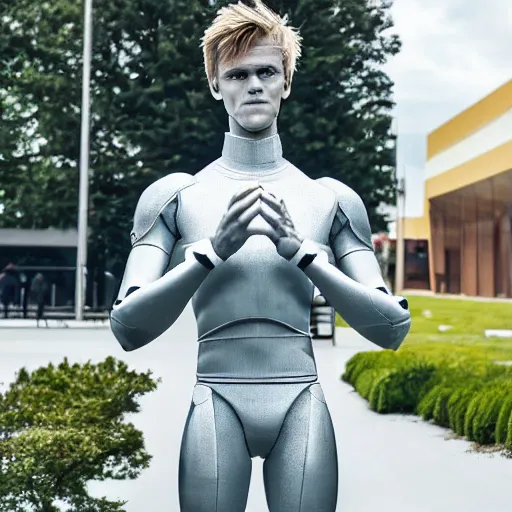 Image similar to a realistic detailed photo of a guy who is an attractive humanoid who is half robot and half humanoid, who is a male android, soccer player martin ødegaard, shiny skin, posing like a statue, blank stare, by the pool, on display, showing off his muscles, humanoid robot, frozen ice statue