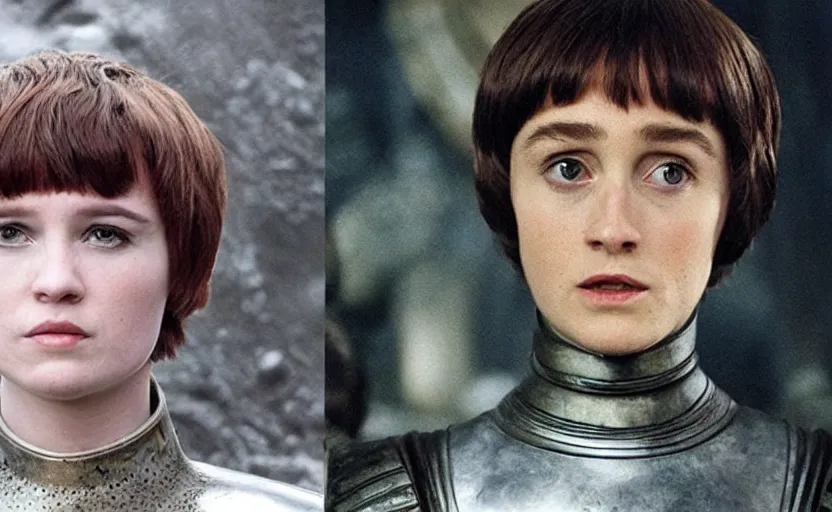 Image similar to the alien as joan of arc, bowl haircut, game of thrones