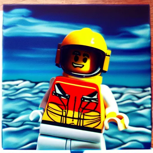 Image similar to lego blocks painting of astronaut in the ocean, skies, realistic, colorful, positive vibes, cinematic, 3 d, hd