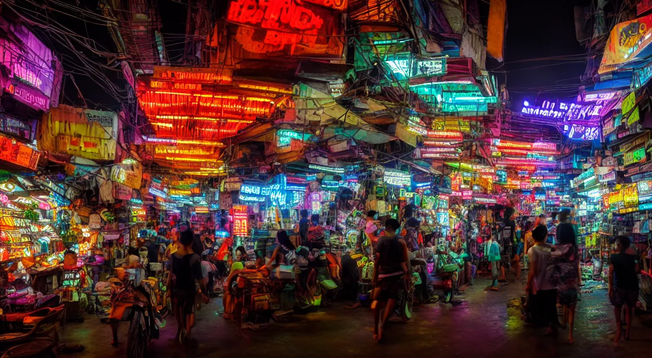 Prompt: Cyberpunk Market, futuristic Phnom-Penh Cambodia, neon lighting