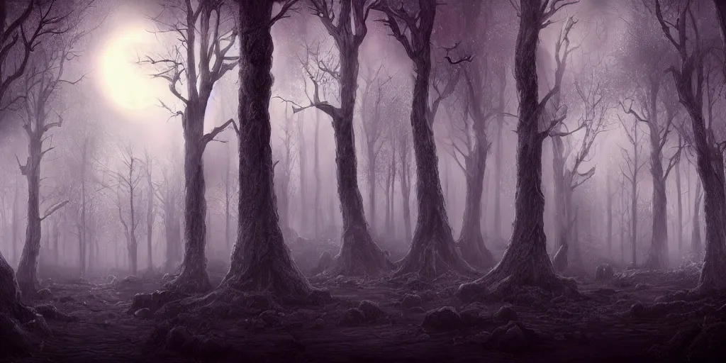 Image similar to beautiful matte painting of a fantasy dark forest at night