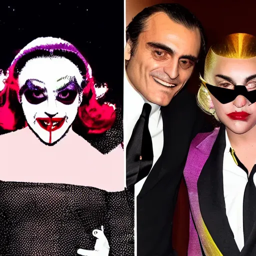 Prompt: mimmo rottela as joaquin phoenix skinny joker holding hand lady gaga harley queen