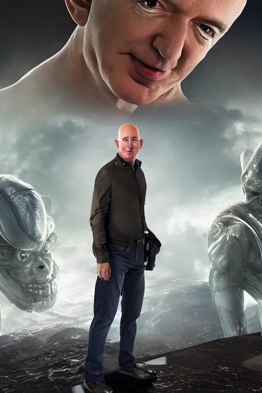 Image similar to jeff bezos as an alien invader, photorealistic, cinematic lighting, highly detailed, very intricate, by guillermo del toro