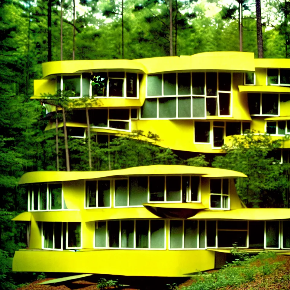 Image similar to a flat leveled mid-century modern house with big tiles in a forest, designed by Frank Gehry. Film grain, cinematic, yellow hue