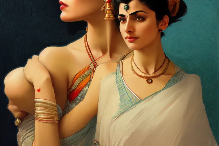 Image similar to sensual pale beautiful indian doctor in jeans, art deco portrait, elegant, intricate, digital painting, artstation, concept art, smooth, sharp focus, illustration, art by artgerm and greg rutkowski and alphonse mucha