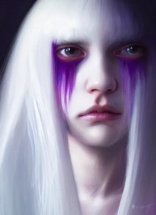 Image similar to hair whitebangs hair, black hair, whitebangs, portrait of teenage girl with white bangs, red irises, purple clothes, white bangs, bangs are different color from hair, intricate, elegant, glowing lights, highly detailed, digital painting, artstation, concept art, smooth, sharp focus, illustration, art by wlop, mars ravelo and greg rutkowski