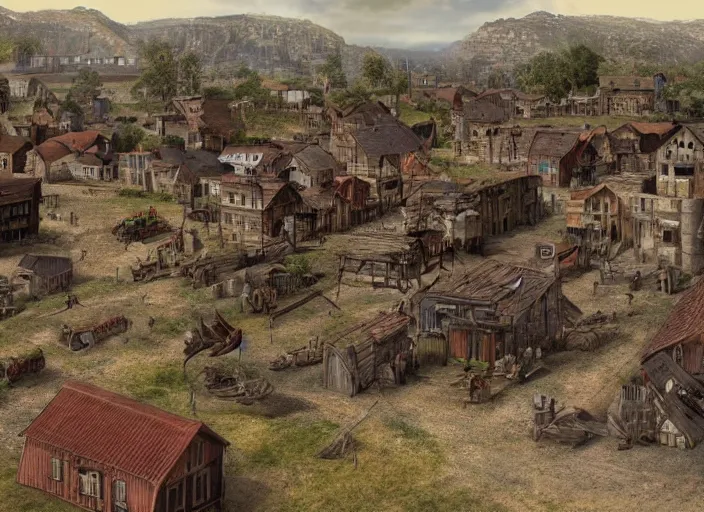 Prompt: realistic photo of a town, settlement, buildings, detailed scenery, dark ages time period