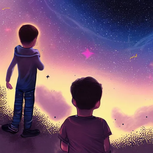 Image similar to Kid watching the stars and galaxies on the night sky, digital art, detailed, realistic, artstation