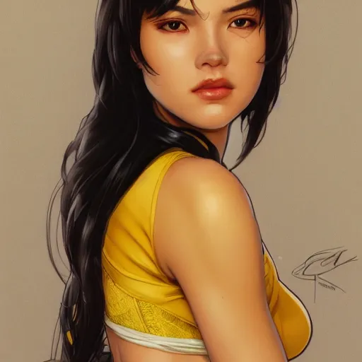 Prompt: portrait of cassandra cain wearing yellow bra, attractive, casual, modern, victoria's secret, highly detailed, digital painting, artstation, concept art, smooth, sharp focus, illustration, art by artgerm, greg rutkowski and alphonse mucha