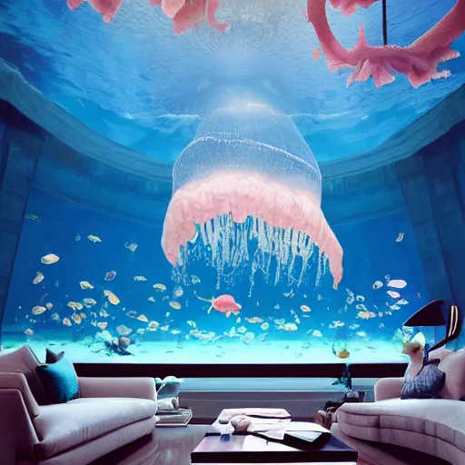 Image similar to the realistic photo of the modern fashionable room as aquarium with a chandelier as a big jellyfish, beautiful corals on the walls and dangerous sharks on the big panoramic window, a lot of gleans, under the ocean, realistic colors, realistic shadows, daylight made in blender and cinema 4 d, hd, 3 d by beeple and by greg rutkowski