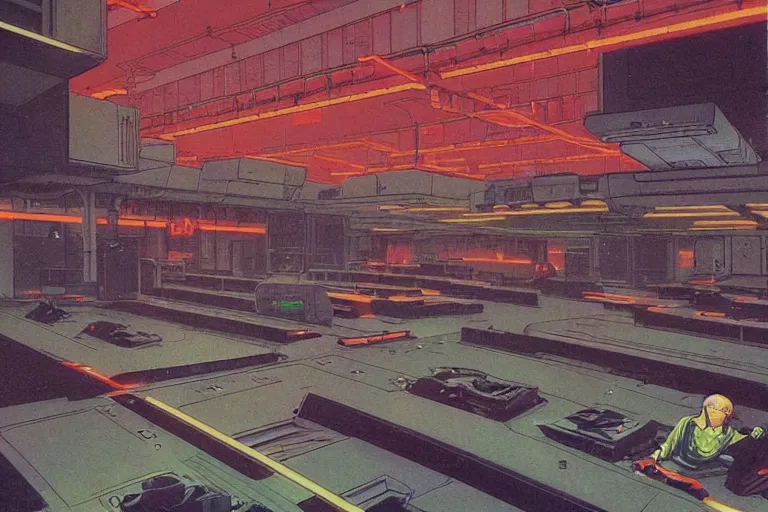 Image similar to a 1979 cover of OMNI magazine depicting an empty warehouse with VR headsets hanging ominously from the ceiling. Neo-Tokyo. Cyberpunk style art by Vincent Di Fate.