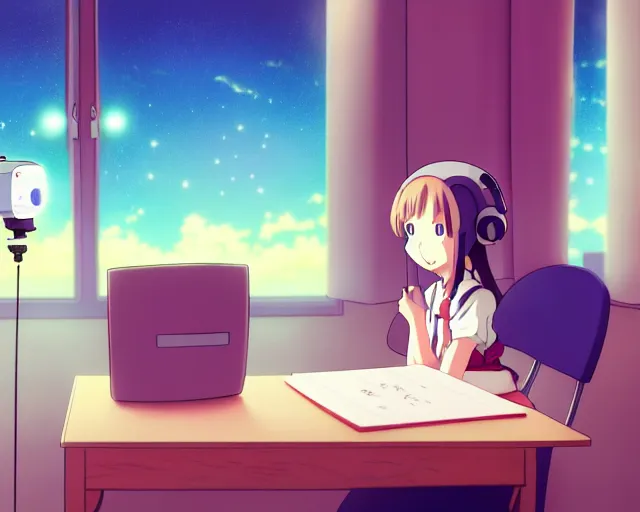 Image similar to anime fine details portrait of joyful school girl talk with robot in her room at the table, evening, lamp, lo-fi, open window, dark city landscape on the background deep bokeh, profile close-up view, anime masterpiece by Studio Ghibli. 8k, sharp high quality anime