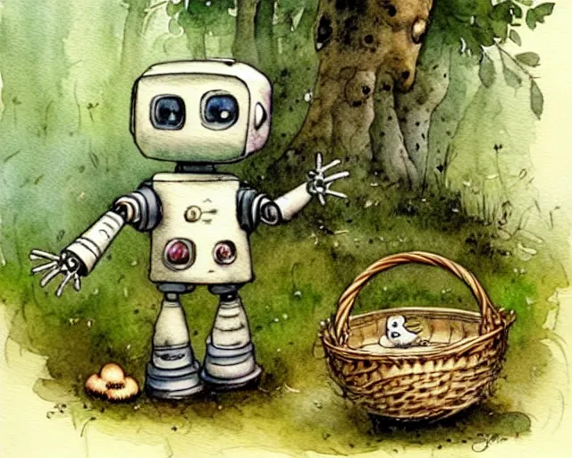 Prompt: a cute little robot walking in the forest picking mushrooms, holding a basket full of mushrooms, watercolor painting by jean - baptiste monge, muted colors