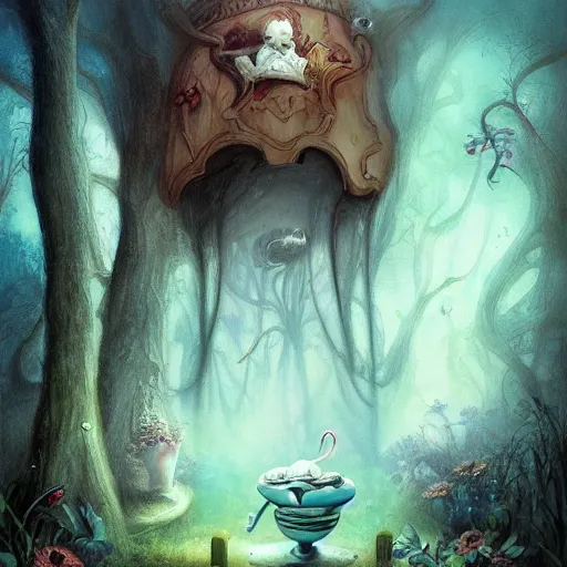 Image similar to Alice in Wonderland, painted by seb mckinnon, high detail, digital art, trending on artstation