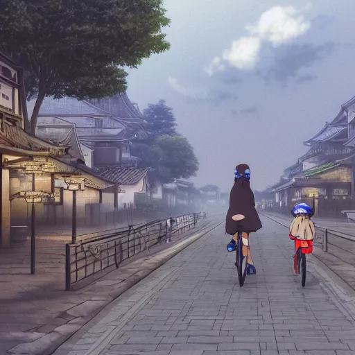 Prompt: anime girl riding bicycle in highly detailed kyoto street, studio ghibli style, by hayao miyazaki, sharp focus, desaturated, fog, highly detailed, 4k