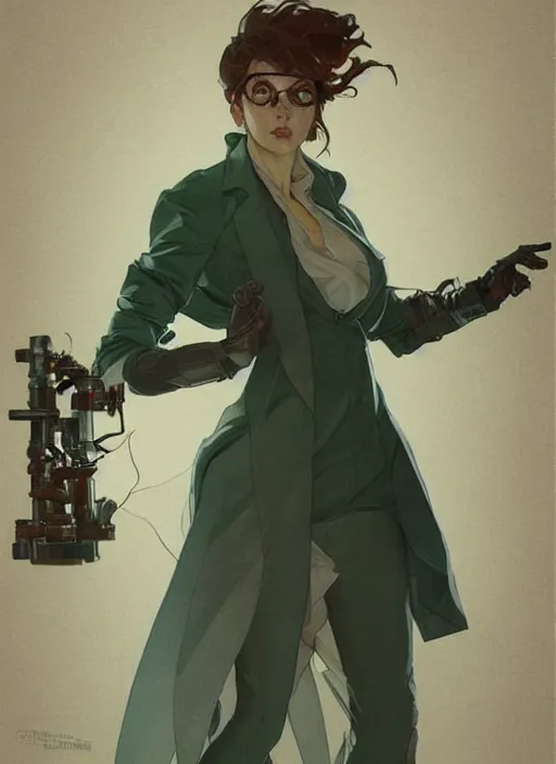 Image similar to a full body character design by artgerm, cushart krenz, greg rutkowski and alphonse mucha. mad scientist woman lab coat!! green plasma laser gun!! bold outline sharp edges. ultra clear detailed. 8 k. ultra detailed, elegant, intricate, octane render.