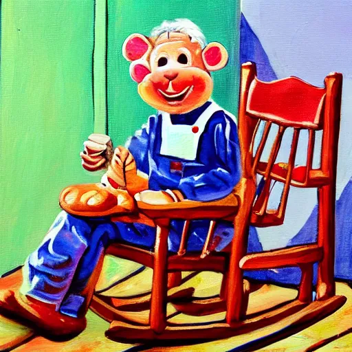 Image similar to a painting of grandpa rat wearing overalls on a rocking chair, telling stories, cute and wonderful vivid painting