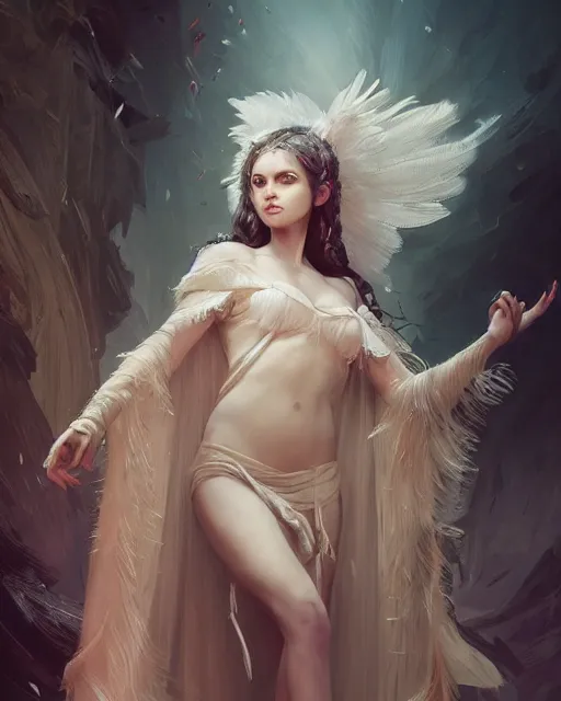 Prompt: a ( ( girl as personification of intellect ) ), beauty, fantasy, she is wearing robe of feathers, digital painting by krenz cush art, greg rutkowski, artgerm, laurie greasly, wlop, intricate, highly detailed!!, sharp focus, smooth, epic composition, unreal engine, masterpiece, 8 k, interesting background