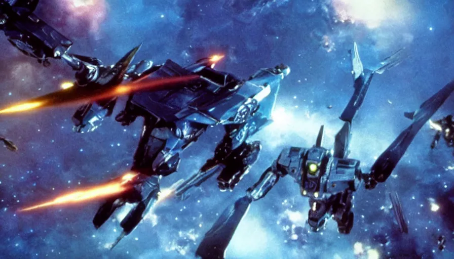 Prompt: full - color cinematic movie still from a live - action macross action film directed by michael bay. the scene features the valkyrie robots from macross fighting against zentradi in space or on planets, and changing to gerwalk mode. realistic robotech movie. highly - detailed ; photorealistic ; epic.