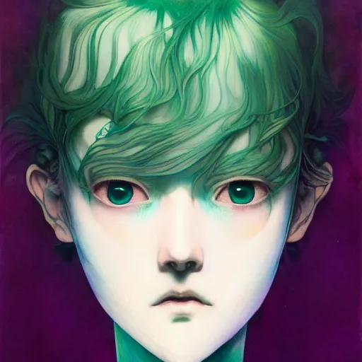 Image similar to prompt : pale violet and deep green portrait in water soft light painted by james jean and katsuhiro otomo and erik jones, inspired by evangeleon anime, smooth face feature, intricate oil painting, high detail illustration, sharp high detail, manga and anime 1 9 9 9