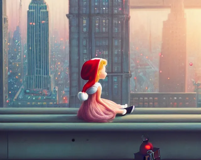 Prompt: a girl sitting on a cozy ledge above a futuristic new york city below, pastel colors, nicoletta ceccoli, mark ryden, lostfish, max fleischer, depth of field, detailed and intricate environment, golden hour, 8 k resolution, hyperrealistic, octane render, vivid colors, bright, cheerful, detailed and intricate christmas environment