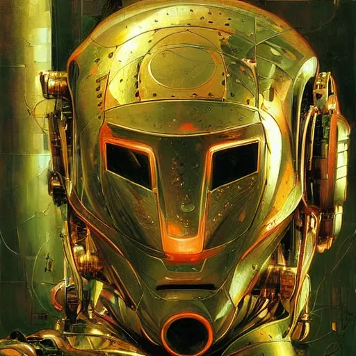 Prompt: an intricate, detailed face of an robot, metal skin with some scratches, dramatic lighting, sci-fi, trending on artstation, art nouveau, by John Berkey