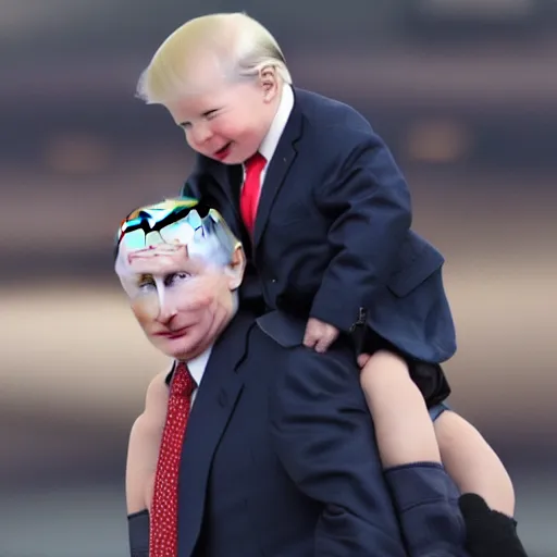 Image similar to Putin giving baby trump a piggyback ride, baby trump has a full trump haircut