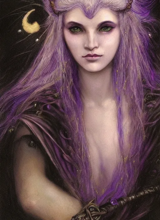 Image similar to portrait of young female sorceress of the endtimes, transluscent skin, lavender hair, beautiful! coherent! dungeons and dragons character, by brian froud, strong line, cool night color, high contrast