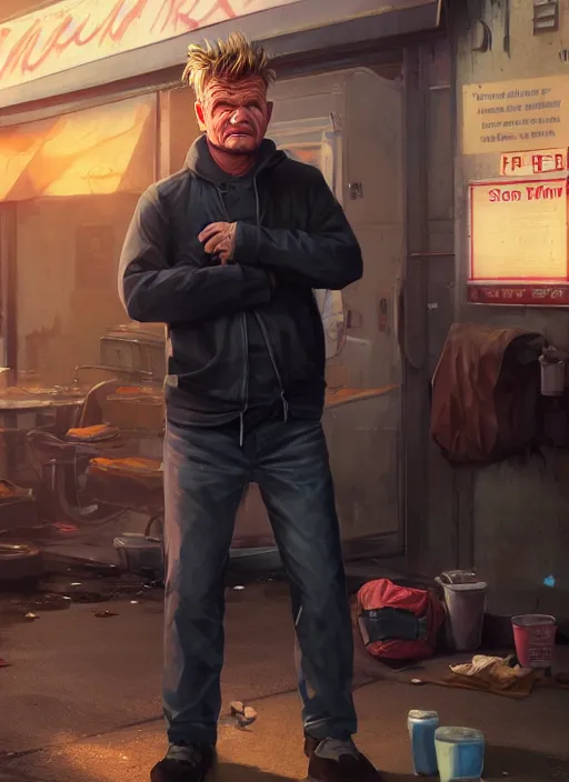 Prompt: Highly detailed full-body portrait of homeless Gordon ramsay, in GTA V, Stephen Bliss, unreal engine, fantasy art by Greg Rutkowski, Loish, Rhads, Makoto Shinkai and Lois van baarle, ilya kuvshinov, rossdraws global illumination, radiant light, detailed and intricate environment