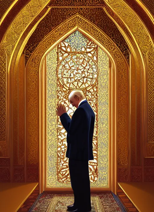 Image similar to vladimir putin praying in the mosque, intricate, elegant, highly detailed, my rendition, digital painting, artstation, concept art, smooth, sharp focus, illustration, art by artgerm and greg rutkowski and alphonse mucha and uang guangjian and gil elvgren and sachin teng,