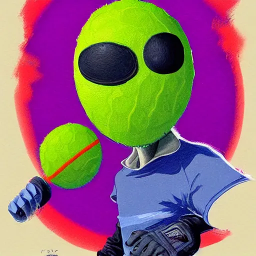 Image similar to a tennis ball monster ,tennis court, tennis racket, digital art, fantasy, magic, trending on artstation, ultra detailed, professional illustration by Basil Gogos