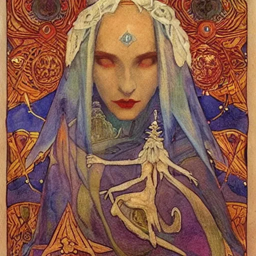 Image similar to the lantern crown, by Annie Swynnerton!!!! and Nicholas Roerich and (Edmund Dulac), embroidered brocade, tattoos, elaborate costume, geometric ornament, symbolist, rich colors, dramatic lighting, smooth, sharp focus, extremely detailed